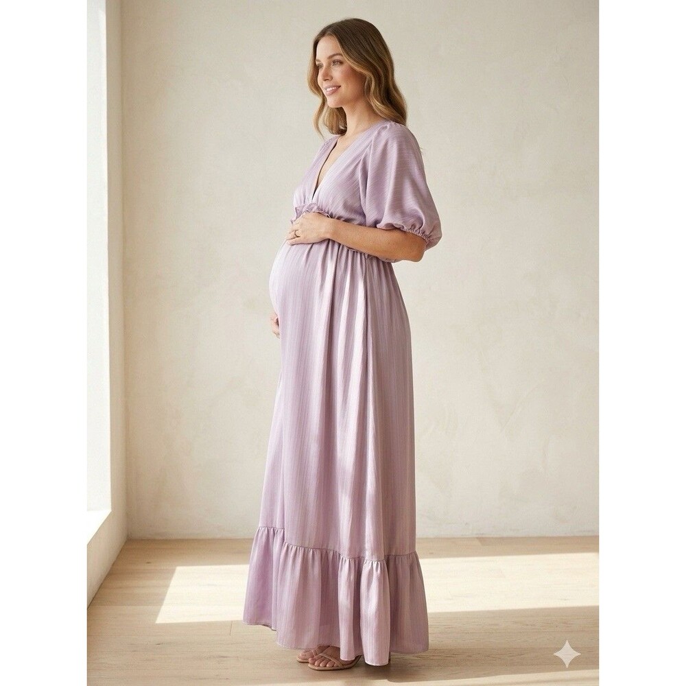 Vanilla Bay maternity long lilac V-neck pleated dress, size S